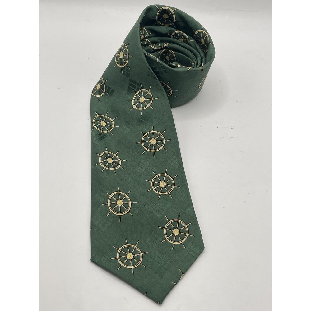Polo Ralph Lauren Men's Necktie Green Helm Wheels Handmade in USA 100% Silk‎
